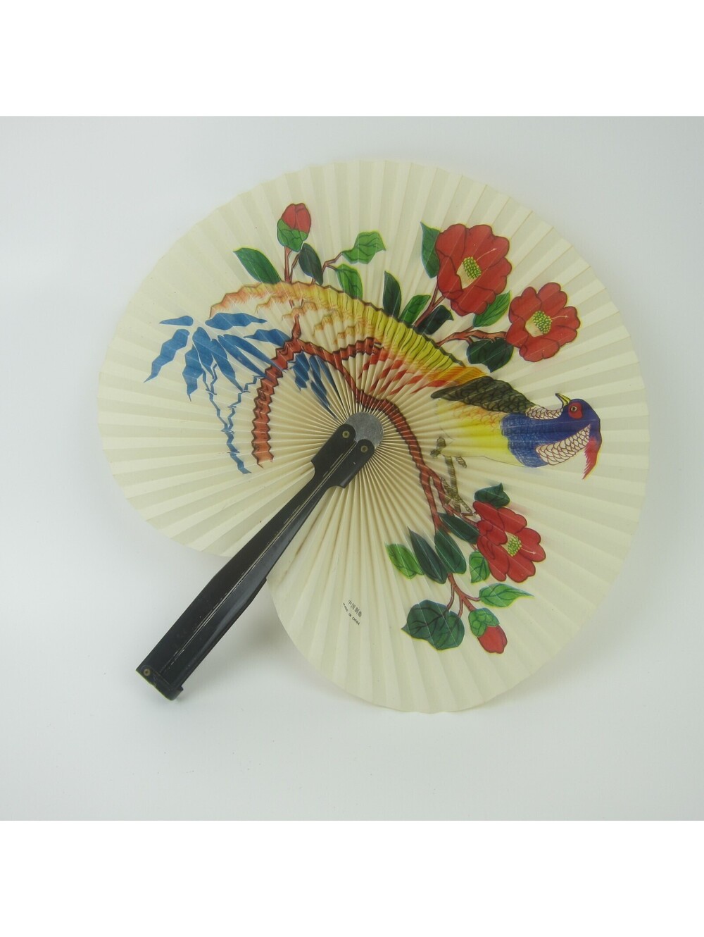 Vintage Hand Fan Peacock Bird & Flowers 10" Paper Folding Hand Fan 1960s China
